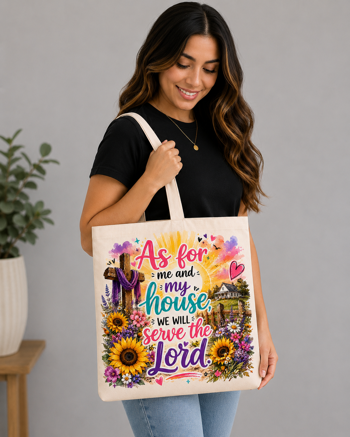Bolso Tote Cristiano | “Yo y Mi Casa Serviremos al Señor” | Disponible en Español e Inglés | Bolsa de Lona Cristiana