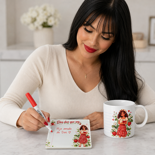 Dios Dice Que Soy Gift Set for Women | Christian Mug, Writing Coaster, Marker and Cleaning Cloth | Women’s Conference Gift