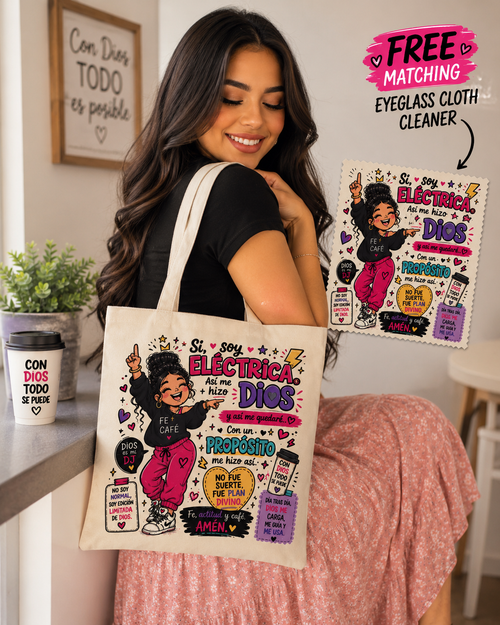 Bolsa Tote Cristiana “Sí, Soy Eléctrica” + Gratis Paño Limpia Lentes a Juego GRATIS | Holy Chosen Store