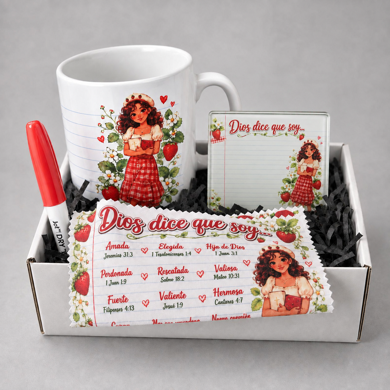 Dios Dice Que Soy Gift Set for Women | Christian Mug, Writing Coaster, Marker and Cleaning Cloth | Women’s Conference Gift