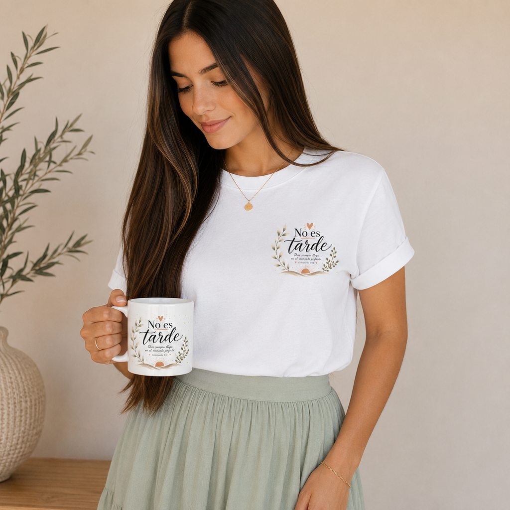 Taza Cristiana “No Es Tarde” – Eclesiastés 3:11 | Taza de Café de 11 oz | Regalo set Cristiano en Español