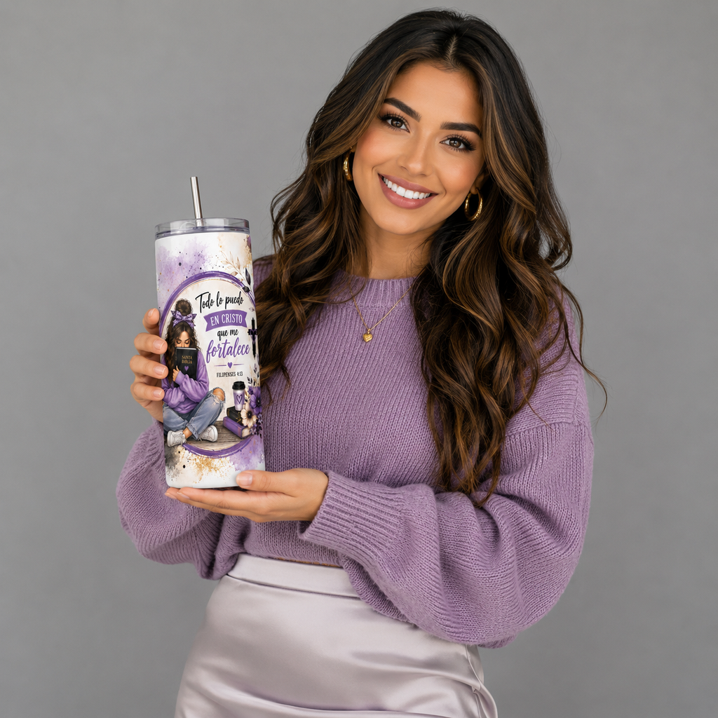 Todo lo Puedo en Cristo que me Fortalece – Filipenses 4:13 | Vaso Tumbler Skinny de 20 oz con Tapa y Popote