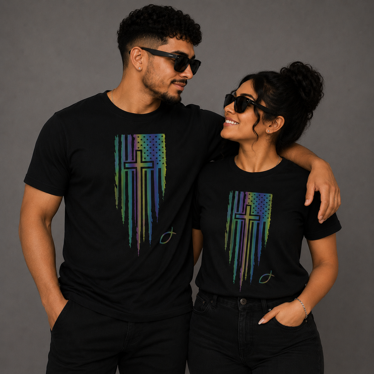 Holographic Christian Cross Flag T-Shirt | Faith-Based Unisex Black Graphic Tee | Jesus Fish Christian Shirt